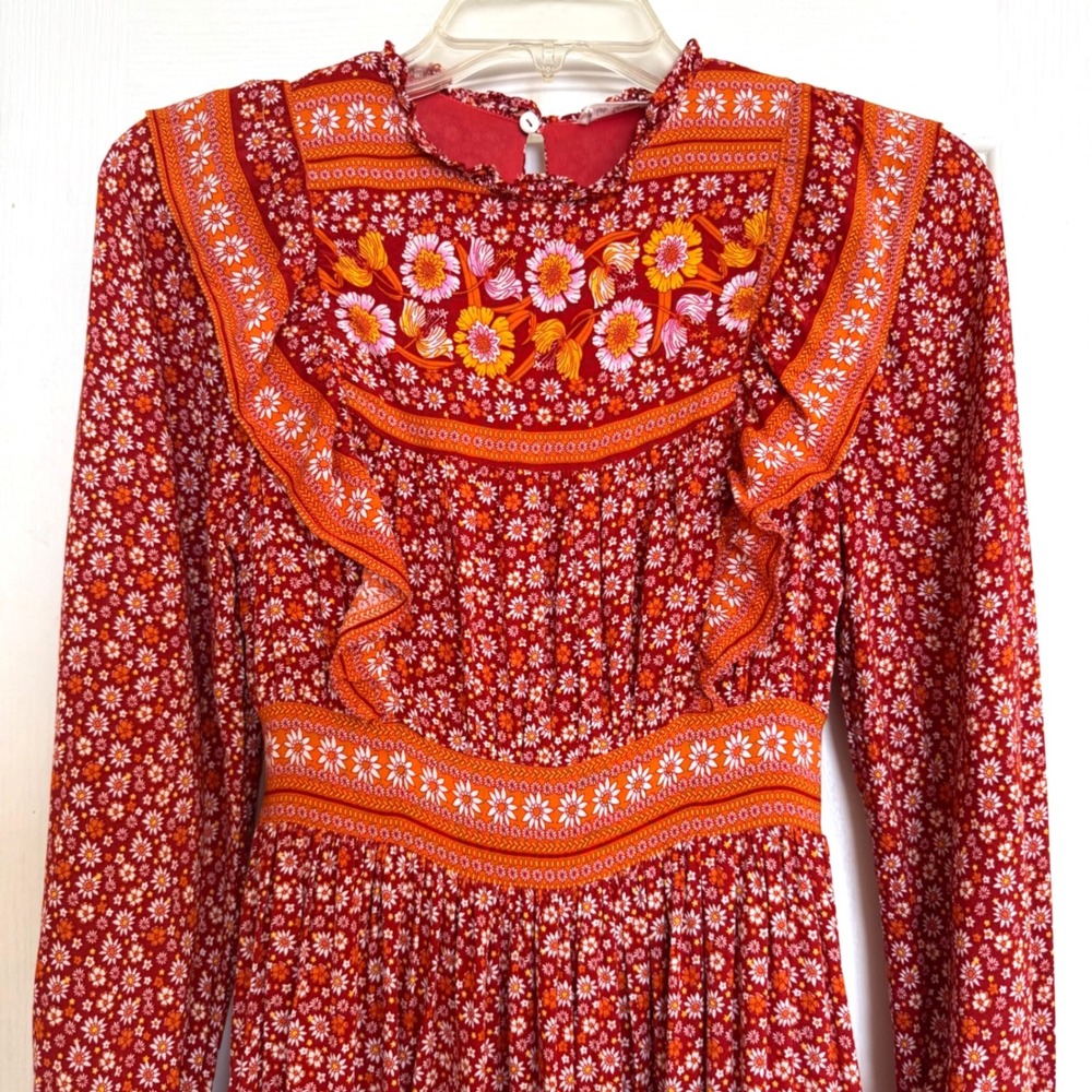 Red Floral Maxi Dress with Orange Accents